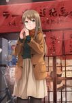  1girl akemiho_tabi_nikki black_legwear brown_eyes brown_hair coat food glasses highres kouno_hikaru long_hair looking_at_another looking_at_viewer noodles oribe_shiori pantyhose ramen scarf snow standing visible_air 