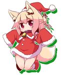  :o animal_ears bangs bell bell_collar blonde_hair blush bobblehat boots buckle chibi christmas collar commentary_request dress eyebrows_visible_through_hair fox_ears fox_girl fox_tail full_body fur-trimmed_dress hair_bun half_updo hat jumping kemomimi-chan_(naga_u) knee_boots long_sleeves looking_at_viewer naga_u open_mouth original outline red_dress red_eyes red_footwear red_hat santa_costume santa_hat sleeves_past_wrists solo tail tareme thigh_gap w_arms white_background white_outline 