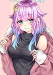  bare_shoulders black_sweater blue_eyes blue_hair blush breasts eyebrows_visible_through_hair fur_trim gradient_hair hair_ornament halo hamu_(plot_sy) highres jacket long_hair luka_(shironeko_project) medium_breasts multicolored_hair off_shoulder open_clothes open_jacket pink_jacket purple_hair shironeko_project sleeveless sleeveless_turtleneck smile solo star star-shaped_pupils star_hair_ornament sweater symbol-shaped_pupils turtleneck turtleneck_sweater upper_body 