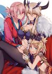  absurdres aqua_eyes artoria_pendragon_(all) artoria_pendragon_(lancer_alter) blonde_hair braid breasts cleavage closed_mouth crossed_legs divine_princess_of_the_storm fate/grand_order fate_(series) florence_nightingale_(fate/grand_order) highres horns large_breasts light_smile looking_at_viewer mordred_(fate)_(all) multiple_girls navel open_mouth ox-demon_king pink_hair ponytail small_breasts true_samadhi_fire yellow_eyes yorukun younger 