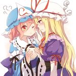  ? black_ribbon blonde_hair blush bow cheek_pinching choker dress elbow_gloves food food_on_face frills from_side gloves gradient_eyes hair_between_eyes hat hat_ribbon holding holding_food japanese_clothes kimono lilith_(lilithchan) long_hair long_sleeves mob_cap multicolored multicolored_eyes multiple_girls obi one_eye_closed orange_eyes pinching pink_hair pout puffy_sleeves purple_dress red_ribbon ribbon ribbon_choker saigyouji_yuyuko sash short_hair short_sleeves simple_background squiggle touhou triangle_mouth triangular_headpiece upper_body white_gloves wide_sleeves yakumo_yukari 