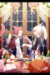  animal_ears cat_ears cat_tail christmas closed_eyes cooking decorating decorations facial_mark final_fantasy final_fantasy_xiv food highres indoors ladle lili_mdoki miqo'te multiple_girls open_mouth ponytail red_eyes red_hair short_hair tail turkey_(food) white_hair window 
