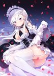  ass azur_lane belfast_(azur_lane) black_bra bra braid breasts chain collar commentary_request covered_nipples elbow_gloves french_braid gloves highres large_breasts leg_garter long_hair lying maid_headdress on_side petals purple_eyes smile solo thighhighs tougetsu_hajime underwear white_gloves white_hair white_legwear 
