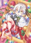  ahoge bad_id bad_pixiv_id barefoot bell black_gloves blonde_hair blush bow christmas elbow_gloves fate/grand_order fate_(series) gloves headpiece highres jeanne_d'arc_(fate)_(all) jeanne_d'arc_alter_santa_lily lying on_back open_mouth red_bow red_ribbon ribbon seungju_lee smile solo stellated_octahedron yellow_eyes 