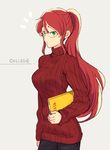  book chuu commentary english glasses green_eyes looking_at_viewer ponytail pyrrha_nikos red_hair rwby solo sweater 