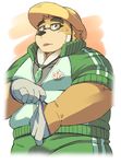  2017 anthro ayame42612 bear brown_fur clothed clothing eyewear fur glasses gloves hat male mammal overweight overweight_male solo straw_hat tokyo_afterschool_summoners volos 