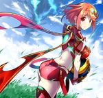  ass blush breasts chikugen_shiina day earrings fingerless_gloves gloves hair_ornament homura_(xenoblade_2) jewelry large_breasts looking_at_viewer outdoors red_eyes red_hair short_hair shorts sidelocks sky smile solo tiara tree xenoblade_(series) xenoblade_2 