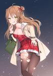  ;d arm_behind_back armpit_crease bad_id bad_pixiv_id bag bangs bare_shoulders belt blush bow breasts brown_hair brown_legwear buckle canape_(canape0130) christmas cleavage coat collarbone commentary dated double_bun dress duffel_coat eyebrows_visible_through_hair from_behind from_side fur_trim girls_frontline green_eyes hair_bow half-closed_eyes hand_on_hip hand_on_own_face hand_up holding holding_bag leaning_forward long_hair looking_at_viewer medium_breasts merry_christmas night night_sky one_eye_closed open_clothes open_coat open_mouth outdoors pantyhose red_bow red_dress rfb_(girls_frontline) santa_costume sidelocks signature sky smile snow snowing solo sparkle standing star thighs torn_clothes torn_legwear v 