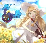  absurdres bag blonde_hair braid cloud cosmog day dress duffel_bag flower gen_7_pokemon green_eyes hat highres lillie_(pokemon) long_hair omikuji_(fortunemagnolia) open_mouth outdoors petals poke_ball_theme pokemon pokemon_(creature) pokemon_(game) pokemon_sm sky sleeveless sleeveless_dress sun_hat twin_braids white_dress white_hat 