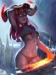  2017 5_fingers abs anvil armwear blacksmith bra breasts caprine chain cleavage clothed clothing crossgender detailed_background erection female fingers front_view gloves hair hammer hi_res holding_object holding_weapon horn humanoid lava league_of_legends long_hair looking_down mace mammal melee_weapon molten_weapon navel ornn panties partially_clothed portrait purple_hair purple_skin red_sclera riot_games solo standing sweat sweatdrop sword themaestronoob_(artist) three-quarter_portrait tools underwear video_games weapon yellow_eyes 