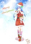  absurdres blue_eyes blue_hair blush boots bubble_background capelet carrying_over_shoulder christmas date_a_live dress full_body fur_trim gift hat highres holding holding_gift kneehighs long_hair looking_at_viewer niujiao_bao pink_footwear red_capelet red_dress red_footwear santa_costume santa_hat smile solo star starry_background yoshino_(date_a_live) yoshinon 