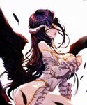 albedo ass bangs bare_shoulders black_hair black_wings blurry blush breasts depth_of_field dyolf eyebrows_visible_through_hair horns large_breasts lips long_hair long_sleeves looking_at_viewer open_mouth overlord_(maruyama) simple_background solo very_long_hair white_background wings yellow_eyes 