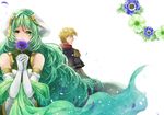  1girl bare_shoulders blonde_hair breasts camus covering_mouth dress elbow_gloves fire_emblem fire_emblem_echoes:_mou_hitori_no_eiyuuou flower gloves green_eyes green_hair hair_ornament hands_together holding holding_flower kaboplus_ko long_hair medium_breasts military military_uniform petals profile sash short_hair simple_background teeta_(fire_emblem) uniform white_background white_gloves 