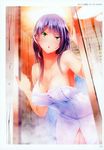  :o absurdres armpits bare_arms bare_legs bare_shoulders bath blue_hair blush breasts cleavage collarbone covered_nipples eyebrows eyebrows_visible_through_hair glass_door green_eyes hair_between_eyes highres indoors leaning_forward long_hair looking_at_viewer mikuni_mizuki naked_towel night onsen open_mouth shoulders snow snowing solo standing steam sweatdrop thighs toranoana towel wet wet_hair wet_towel wooden_wall 