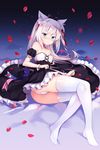  animal_ears azur_lane bare_shoulders black_dress blue_eyes choker closed_mouth commentary_request dress embarrassed hammann_(azur_lane) highres legs long_hair looking_at_viewer lying panties petals red_choker revision solo thighhighs tougetsu_hajime underwear wavy_mouth white_hair white_legwear white_panties 