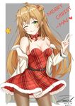  ;d arm_behind_back armpit_crease bangs bare_shoulders belt blush bow bow_choker breasts brown_hair brown_legwear buckle choker christmas christmas_ornaments cleavage coat collarbone dated double_bun dress duffel_coat eyebrows_visible_through_hair fur_trim girls_frontline green_eyes hair_bow hand_up head_tilt long_hair looking_at_viewer medium_breasts one_eye_closed open_clothes open_coat open_mouth pantyhose red_bow red_dress rfb_(girls_frontline) santa_costume signature smile solo standing star thighs twitter_username unel v 