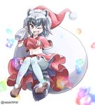  ;d animal_ears black_hair commentary_request common_raccoon_(kemono_friends) detached_sleeves extra_ears eyebrows_visible_through_hair grey_hair hat holding kemono_friends midriff navel one_eye_closed open_mouth pantyhose raccoon_ears raccoon_tail red_skirt sack sandstar santa_costume santa_hat skirt smile solo souichitei tail twitter_username white_background 