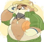  2017 anthro bear belly blush brown_fur clothed clothing eyewear food fruit fur glasses gloves hat hyaku1063 male mammal overweight overweight_male pumpkin straw_hat sweat tokyo_afterschool_summoners volos 