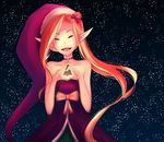  absurdres ambitious_elf_jinx bare_arms bare_shoulders blonde_hair bow choker closed_eyes collarbone dress eyebrows_visible_through_hair facing_viewer hair_bow hands_up hat head_tilt heart heart_hands highres jinx_(league_of_legends) league_of_legends long_hair night night_sky open_mouth orange_ribbon pink_hat pointy_ears purple_bow purple_choker purple_dress rebyo ribbon santa_hat sky smile solo star star_(sky) starry_sky strapless strapless_dress very_long_hair |d 