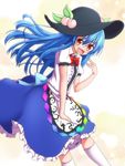 :d bangs black_hat blue_hair blue_skirt blush bow bowtie brown_eyes commentary_request eyebrows_visible_through_hair fang feet_out_of_frame food fruit hair_between_eyes hat highres hinanawi_tenshi kneehighs leaf long_hair looking_at_viewer open_mouth peach red_neckwear shide short_sleeves sidelocks skirt smile solo teoi_(good_chaos) touhou white_legwear 