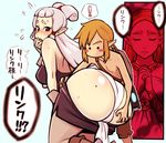  1boy 2girls absurdres ass bare_shoulders birthmark blonde_hair blush blush_stickers breasts brown_hair cameltoe closed_eyes commentary flying_sweatdrops gloves grey_hair highres huge_ass kneeling large_breasts link long_hair mole_on_ass multiple_girls paya_(zelda) pointy_ears princess_zelda satousatotototo shield shirtless spoken_exclamation_mark the_legend_of_zelda the_legend_of_zelda:_breath_of_the_wild translated 