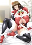 1girl ayato bed black_legwear bra breasts brown_hair choker choukai_(kantai_collection) christmas cleavage_cutout female glasses gloves hat high_heels highres huge_breasts indoors kantai_collection long_breasts long_hair looking_at_viewer open_mouth panties plump red_bra red_eyes red_gloves red_panties red_shoes santa_costume shiny_skin shoes sitting solo spread_legs thighhighs 