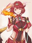  blush breasts covered_navel earrings fingerless_gloves fire gloves hair_ornament homura_(xenoblade_2) jewelry large_breasts looking_at_viewer ma-hain-scarlet red_eyes red_hair short_hair shorts sidelocks simple_background smile solo tiara white_background xenoblade_(series) xenoblade_2 