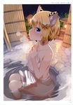  absurdres animal_ears artist_name bathing blonde_hair blue_eyes blush breasts covering eyebrows_visible_through_hair fisheye from_side greatmosu hair_between_eyes hair_ornament hand_on_own_chest highres large_breasts looking_at_viewer naked_towel nude_cover outdoors partially_submerged scan short_hair solo steam tail tiger_ears tiger_tail toranoana towel water x_hair_ornament 