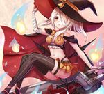  adjusting_clothes adjusting_hat ass ayanami_(azur_lane) azur_lane bandage_on_face bandage_over_one_eye bandaged_arm bandages bat_wings black_legwear cape commentary_request dolce_(dolsuke) halloween hat long_hair looking_at_viewer navel open_mouth orange_background pleated_skirt ponytail silver_hair skirt solo striped striped_legwear sword thighhighs vertical_stripes weapon wings witch_hat zettai_ryouiki 