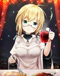 ahoge alternate_costume artist_name blonde_hair blush breasts building buttons commentary_request cup drinking_glass food fork glasses gluhwein green_eyes highres holding holding_cup holding_fork i-8_(kantai_collection) kantai_collection long_hair medium_breasts omoomomo red-framed_eyewear signature smile solo 