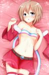  bad_id bad_pixiv_id bed blanc blue_eyes blush brown_hair christmas fur_trim highres looking_at_viewer lying navel neptune_(series) on_back on_bed sexually_suggestive shironeko_haru solo 