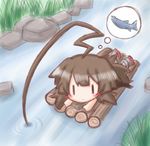  ahoge bangs blush brown_hair closed_mouth commentary_request day eyebrows_visible_through_hair fish fishing grey_footwear hair_between_eyes huge_ahoge kantai_collection komakoma_(magicaltale) kuma_(kantai_collection) long_hair lying on_stomach outdoors raft rock solo stream thought_bubble very_long_hair water ||_|| 