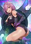  ass black_legwear black_leotard breasts commentary_request elbow_gloves fate/grand_order fate_(series) gloves hair_over_one_eye large_breasts lavender_hair leotard looking_at_viewer mash_kyrielight open_mouth purple_eyes purple_hair pyz_(cath_x_tech) shield short_hair smile solo teeth thigh_strap thighhighs thighs 