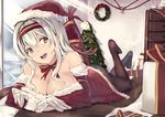  bell black_legwear breasts brown_eyes christmas christmas_tree cleavage dress gloves hairband hat highres kantai_collection large_breasts long_hair looking_at_viewer lying on_stomach open_mouth pantyhose red_dress santa_costume santa_hat senwa shoukaku_(kantai_collection) silver_hair smile solo sunlight 