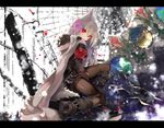  animal_ears black_legwear blush boots eyebrows_visible_through_hair flower full_body grey_hair hair_between_eyes hair_flower hair_ornament hood hoodie knee_boots long_hair long_sleeves looking_at_viewer looking_back nekoboshi_sakko original pantyhose red_eyes sitting snow solo tail 