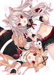  :d animal_ears azur_lane bangs belt belt_buckle black_gloves black_ribbon black_serafuku black_shirt black_skirt blonde_hair blue_nails blush braid breasts buckle claw_pose collarbone commentary_request crop_top crossover eyebrows_visible_through_hair fang fingerless_gloves gloves hair_between_eyes hair_ornament hair_ribbon hairclip half_gloves heart highres kantai_collection long_hair medium_breasts multicolored multicolored_nails multiple_girls nail_polish namesake navel neckerchief open_mouth orqz outstretched_arms pleated_skirt polka_dot polka_dot_background puffy_short_sleeves puffy_sleeves purple_nails red_belt red_eyes red_gloves red_nails red_neckwear red_ribbon remodel_(kantai_collection) ribbon scarf school_uniform serafuku shirt short_sleeves side_braid skirt smile thick_eyebrows two_side_up v-shaped_eyebrows very_long_hair white_scarf white_shirt wolf_ears yuudachi_(azur_lane) yuudachi_(kantai_collection) 