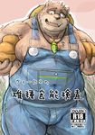  2017 anthro bear blush brown_fur bulge clothing eyewear food fruit fur glasses hat japanese_text kotobuki male mammal overalls overweight overweight_male pumpkin solo straw_hat sweat text tokyo_afterschool_summoners volos 