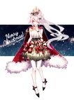  aiguillette alternate_costume arm_at_side bangs bare_shoulders blush bow breasts brown_eyes cape christmas christmas_dress christmas_ornaments christmas_tree_hair_ornament commentary crescent crescent_earrings crown decorations dress earrings english_commentary eyebrows_visible_through_hair five-seven_(girls_frontline) fur-trimmed_cape fur_trim girls_frontline hair_ornament hand_to_own_mouth highres jewelry knees_together_feet_apart large_breasts long_hair looking_at_viewer ponytail predict ribbon ribbon-trimmed_footwear silver_hair single_earring smile solo sparkle star very_long_hair yellow_eyes 