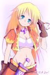  blonde_hair blue_eyes breasts chrono_cross cleavage commentary_request doria_(5073726) engrish gloves groin hair_down highres jewelry kid_(chrono_cross) long_hair looking_at_viewer medium_breasts midriff navel necklace ranguage skirt solo vest 