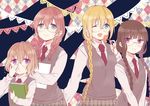  ;d adjusting_eyewear alternate_hairstyle amano_miu aqua_eyes argyle argyle_background bespectacled blend_s blonde_hair book braid brown_hair candy food glasses hinata_kaho hoshikawa_mafuyu lollipop long_hair matching_hairstyle multiple_girls nakayama_miyuki necktie official_art one_eye_closed open_mouth plaid plaid_skirt purple_eyes red_hair sakuranomiya_maika school_uniform skirt smile sweater_vest twin_braids 