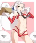  altera_(fate) altera_the_santa altera_the_santa_(cosplay) amazon_(company) black_neckwear breasts commentary_request cosplay detached_sleeves fate/grand_order fate_(series) glasses gloves looking_to_the_side navel necktie open_mouth penthesilea_(fate/grand_order) pink_background redb semi-rimless_eyewear short_hair silver_hair small_breasts solo standing under-rim_eyewear underboob white_gloves yellow_eyes 