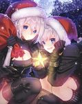  1girl blue_eyes blush breasts choker christmas cleavage dress gloves hairband hat highres long_sleeves looking_at_viewer medium_breasts mole mole_under_mouth nier_(series) nier_automata ninto santa_hat short_hair silver_hair smile white_hair yorha_no._2_type_b yorha_no._9_type_s 