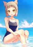  animal_ears bangs between_legs blue_sky blue_swimsuit blunt_bangs blunt_ends blush bob_cut breasts cat_ears cloud collarbone competition_school_swimsuit day from_side full_body hair_ribbon hand_between_legs hand_on_own_thigh highres knees_up looking_to_the_side niyah ocean one-piece_swimsuit outdoors parted_lips partially_submerged ribbon saito_(pigrank) school_swimsuit short_hair silver_hair sitting sky small_breasts solo swimsuit tress_ribbon water xenoblade_(series) xenoblade_2 yellow_eyes yellow_ribbon 