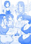  6+girls alcohol bangs beer_mug blue blush bottle braid breast_rest breasts choko_(cup) cleavage closed_eyes collarbone collared_shirt comic commentary_request cracker cup drunk dumpling earrings eyebrows_visible_through_hair faceless faceless_male food greyscale half_updo heart heart_earrings holding holding_bottle holding_cup hyoudou_rena idolmaster idolmaster_cinderella_girls jaw_drop jewelry jiaozi katagiri_sanae kawashima_mizuki kishi_nisen large_breasts long_hair long_ponytail looking_at_another low_twintails mifune_miyu monochrome multiple_boys multiple_girls necklace necktie open_mouth parted_bangs parted_lips pendant plate ponytail restaurant ribbed_sweater shinohara_rei shirt short_hair short_sleeves silent_comic single_braid sitting smile spoon sweatdrop sweater swept_bangs takahashi_reiko toast_(gesture) tokkuri twintails 