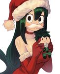  asui_tsuyu bare_shoulders black_eyes blush boku_no_hero_academia character_doll choker closed_mouth commentary dress elbow_gloves fake_facial_hair fake_mustache fur_trim gloves green_hair hair_between_eyes hair_rings hat holding long_hair looking_at_viewer low-tied_long_hair midoriya_izuku red_choker red_dress red_gloves red_hat santa_costume santa_hat simple_background smile solo sookmo upper_body very_long_hair white_background 