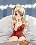  bangs bare_shoulders bell blonde_hair blurry bokeh bracelet breast_squeeze breasts brown_eyes champagne_flute cleavage commentary couch cup dated depth_of_field dress drinking_glass earrings fairy_tail food hand_on_own_cheek hand_tattoo heart heart_earrings holding holding_cup indoors jewelry large_breasts looking_at_viewer lucy_heartfilia mashima_hiro meat on_couch one_side_up parted_lips plate pov_across_table red_dress red_scrunchie scrunchie short_dress signature sitting sleeveless sleeveless_dress smile solo spaghetti_strap swept_bangs table tattoo turkey_leg wine_glass 