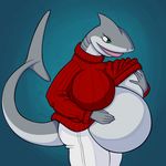  2017 anthro belly big_belly big_breasts breasts clothed clothing digital_media_(artwork) female fish green_eyes huge_breasts mammal marine mxwqtkl pregnant shark simple_background smile solo sweater 