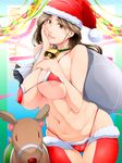  aratama_(a-tama) areola_slip areolae bell bell_collar bikini breasts cameltoe christmas collar commentary_request covered_nipples cow_bell cowboy_shot english hand_on_own_face hat huge_breasts large_areolae lips looking_at_viewer mature merry_christmas navel parted_lips reindeer sack santa_costume santa_hat solo swimsuit thigh_gap thighhighs 