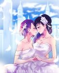 bare_shoulders blue_hair breasts bride cleavage closed_mouth diamond_earrings dokidoki!_precure dress earrings eye_contact eyebrows_visible_through_hair feathers flower hair_flower hair_ornament hishikawa_rikka holding_hands jewelry kenzaki_makoto long_hair looking_at_another medium_breasts multiple_girls necklace negom noses_touching outdoors precure profile purple_eyes purple_hair short_hair smile spade_earrings wedding_dress white_dress wife_and_wife yuri 