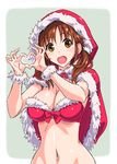  :d blush breasts brown_eyes brown_hair cape capelet cleavage commentary_request eyebrows_visible_through_hair fur_trim hair_tie hat heart heart_hands hood idolmaster idolmaster_cinderella_girls large_breasts long_hair looking_back navel open_mouth santa_hat shiny shiny_hair shiny_skin smile solo suzutsuki_kurara totoki_airi twintails upper_body wristband 